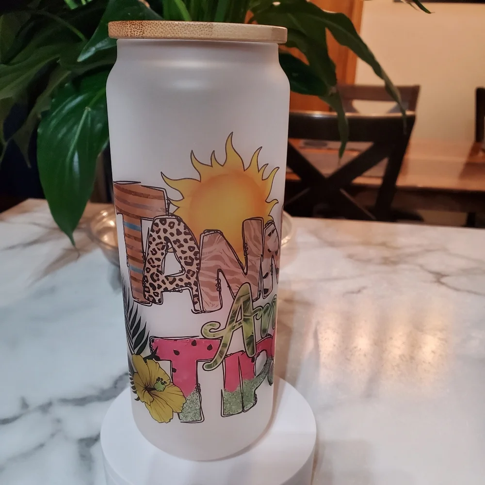 TANNED And TIPSY 25oz Frosted Glass Jar Tumbler 🎉sale